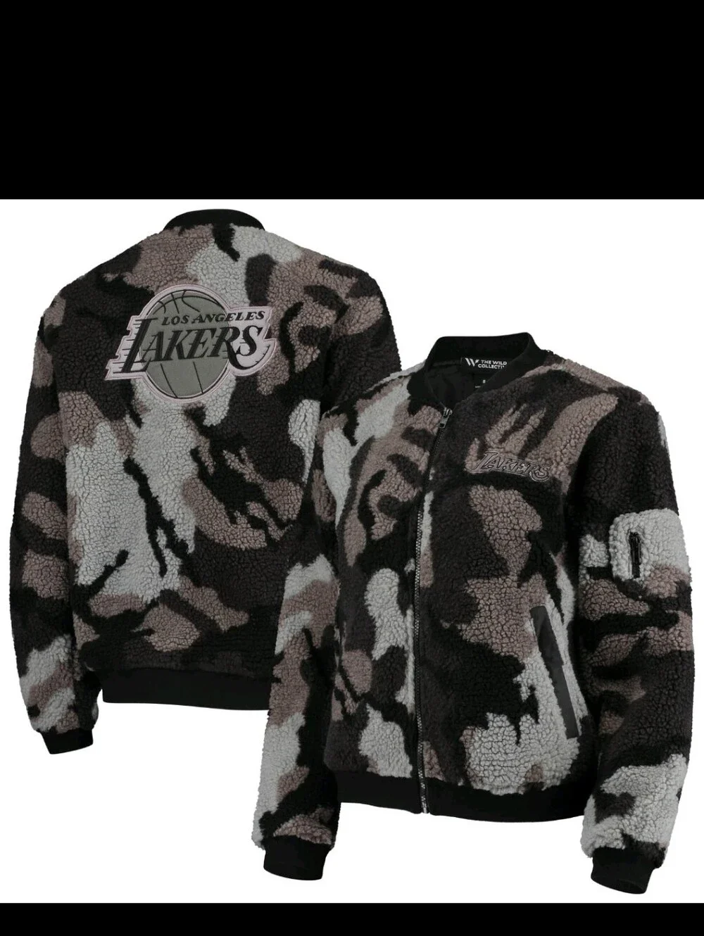 Small Women's The Wild Collective Los Angeles Lakers Camo Sherpa Full-Zip Bomber